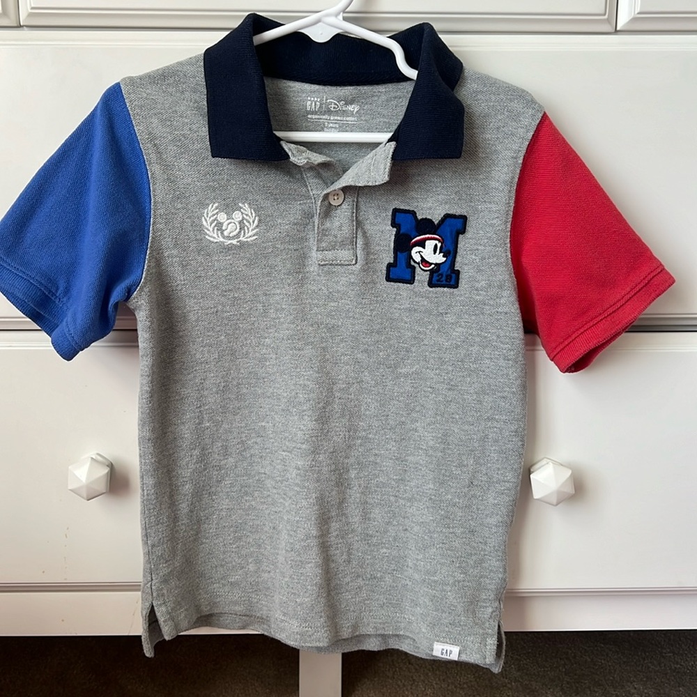 Baby Gap Mickey Mouse polo. Gray with red and blue sleeves and navy collar. 5T.